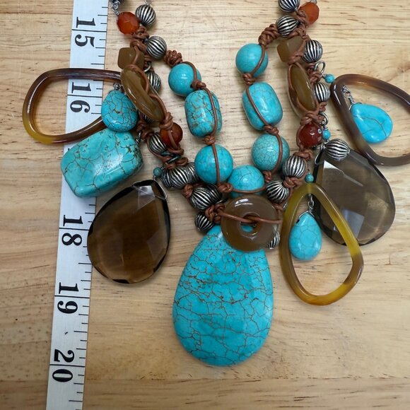 Chunky Multistrand Turquoise & Brown Statement Necklace W/ Beaded Accents Adjust - Picture 12 of 12
